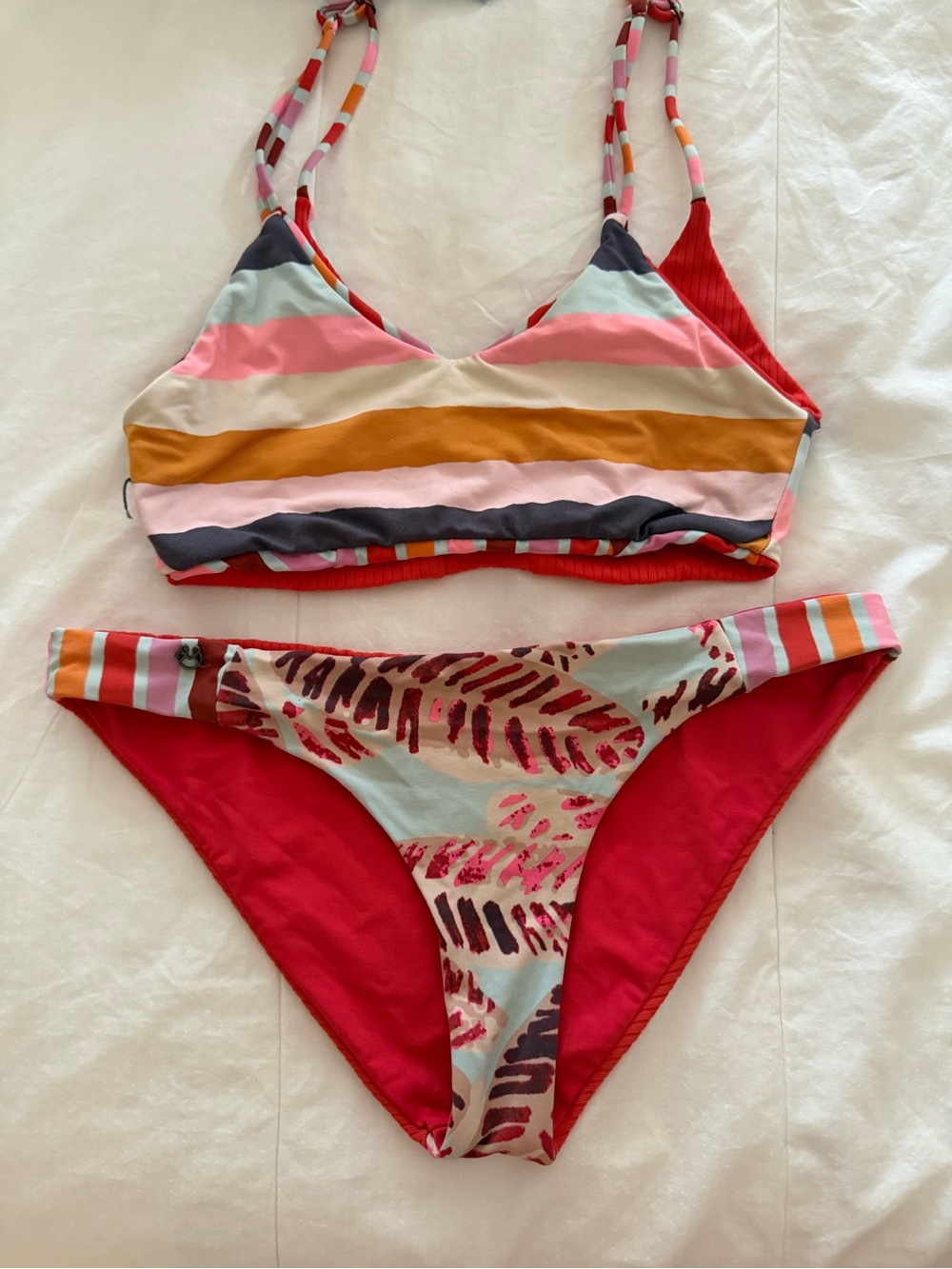 Maaji Multicolor Stripe & Leaf Print Bikini — Pink, Red, Mustard, Light Blue